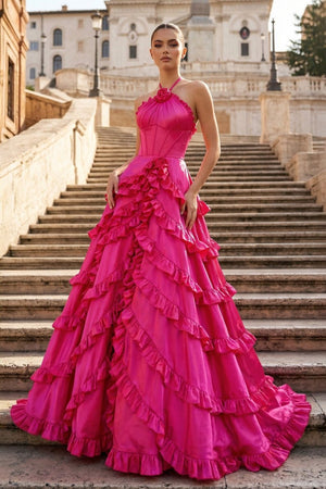 Fuchsia Halter Neck Tiered Ruffles Long Prom Dress - KissProm