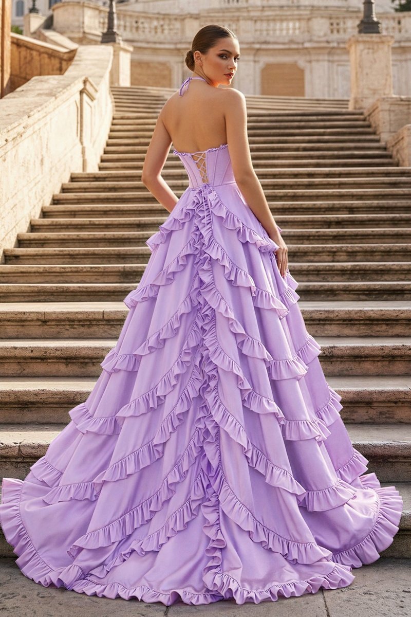 KissProm Fuchsia Halter Neck Tiered Ruffles Long Prom Dress, Fuchsia / 2