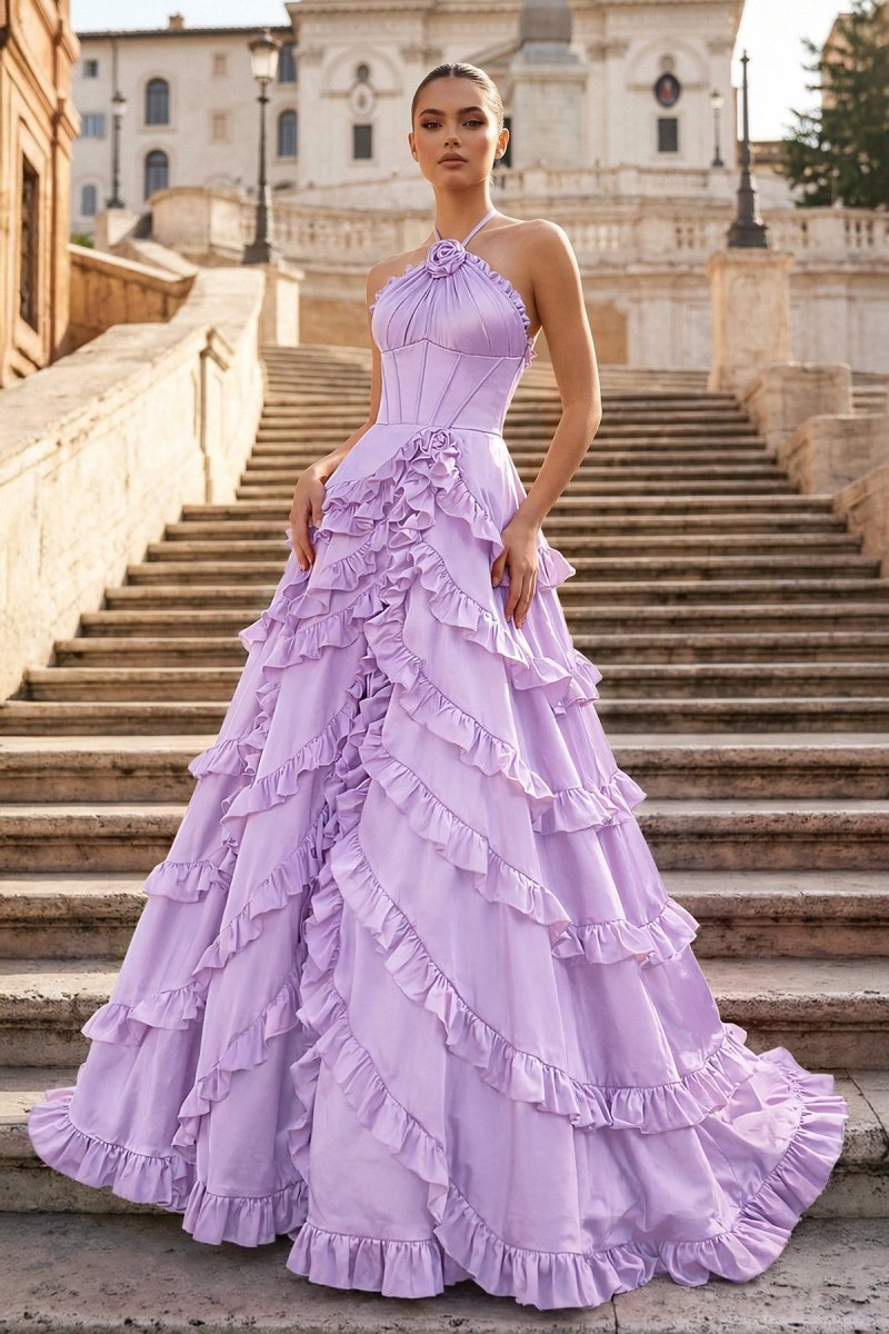 KissProm Fuchsia Halter Neck Tiered Ruffles Long Prom Dress, Fuchsia / 2