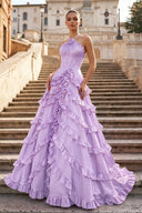 Fuchsia Halter Neck Tiered Ruffles Long Prom Dress - KissProm
