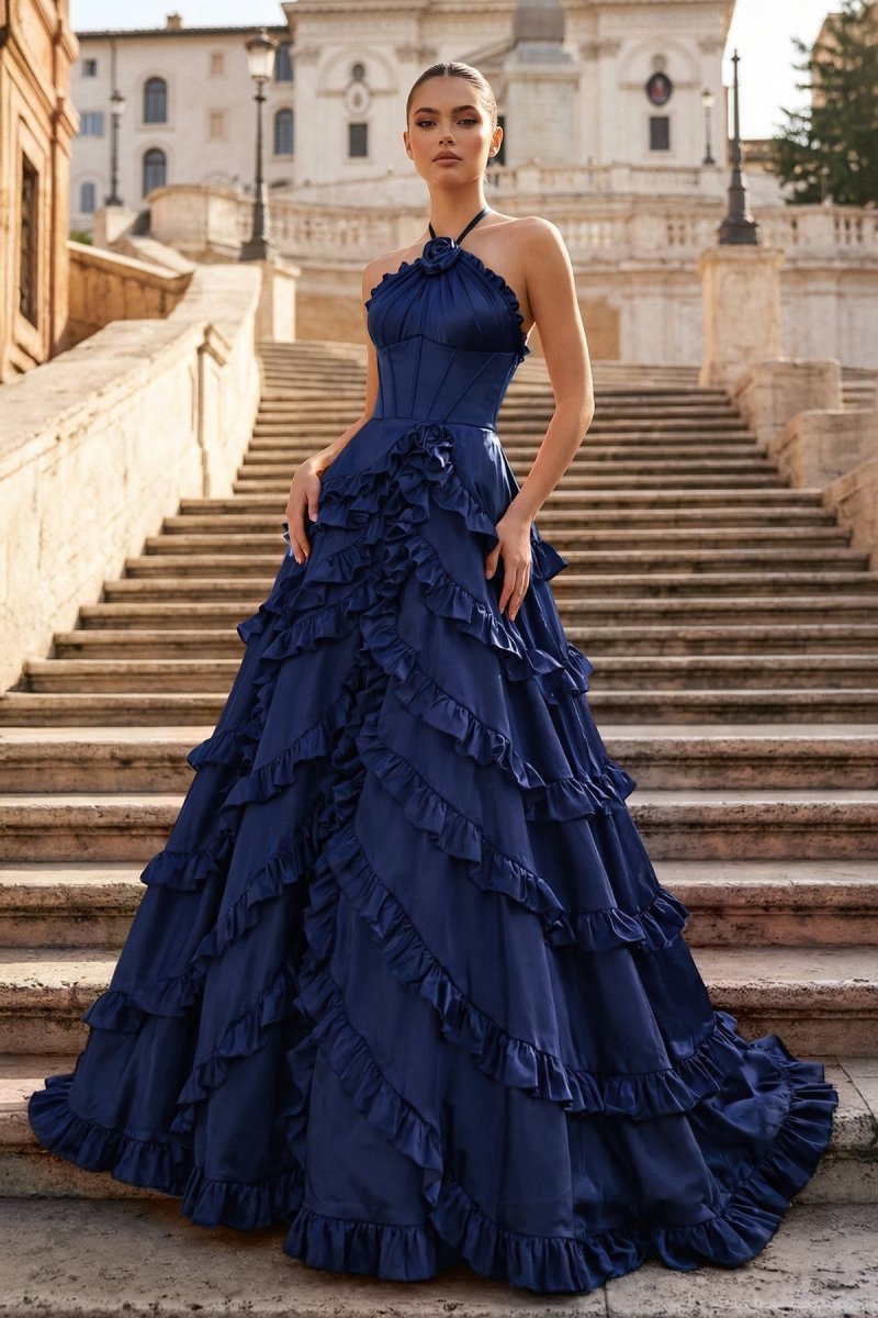 Navy Blue Halter Neck Tiered Ruffles Long Prom Dress - KissProm