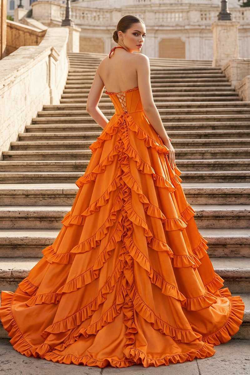 KissProm Fuchsia Halter Neck Tiered Ruffles Long Prom Dress, Orange / 18