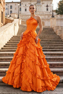 Fuchsia Halter Neck Tiered Ruffles Long Prom Dress - KissProm