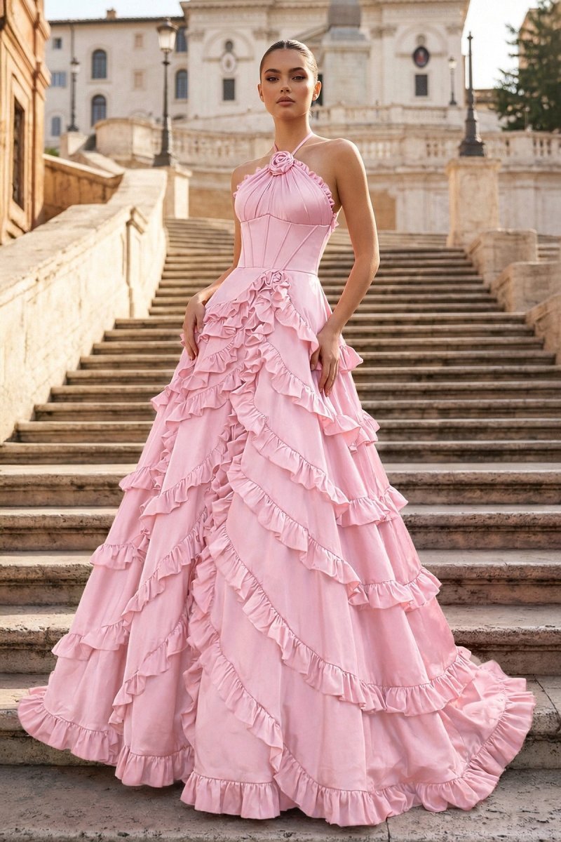 KissProm Fuchsia Halter Neck Tiered Ruffles Long Prom Dress, Pink / 8