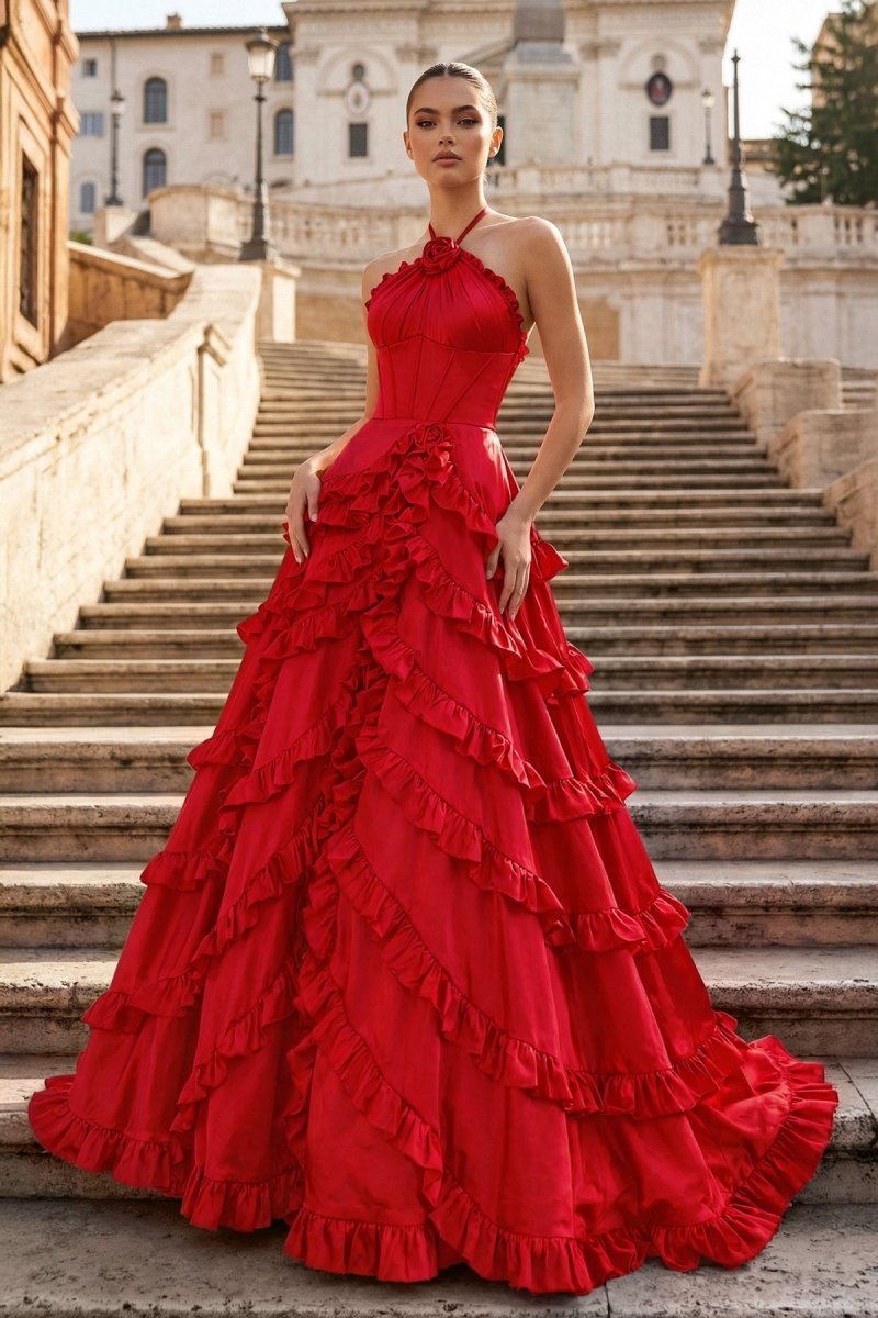 KissProm Fuchsia Halter Neck Tiered Ruffles Long Prom Dress, Red / 12
