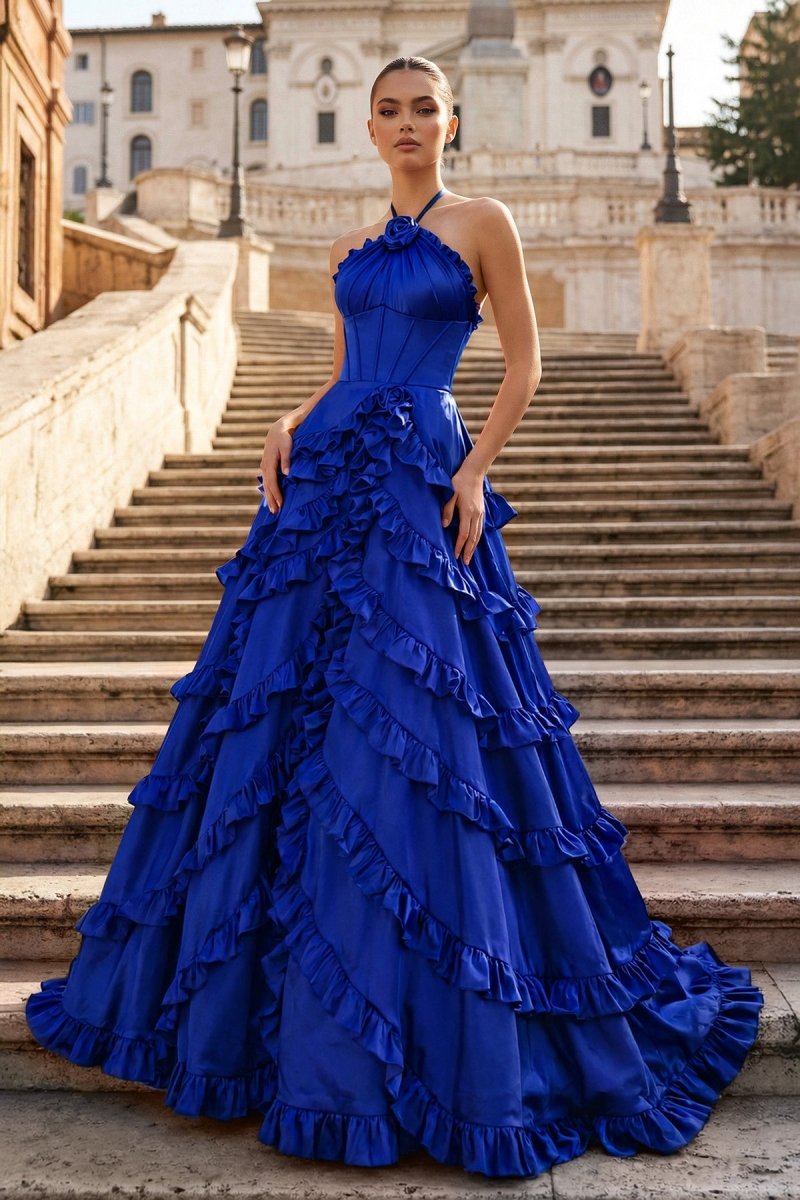 Fuchsia Halter Neck Tiered Ruffles Long Prom Dress Fuchsia Halter Neck Tiered Ruffles Long Prom Dress