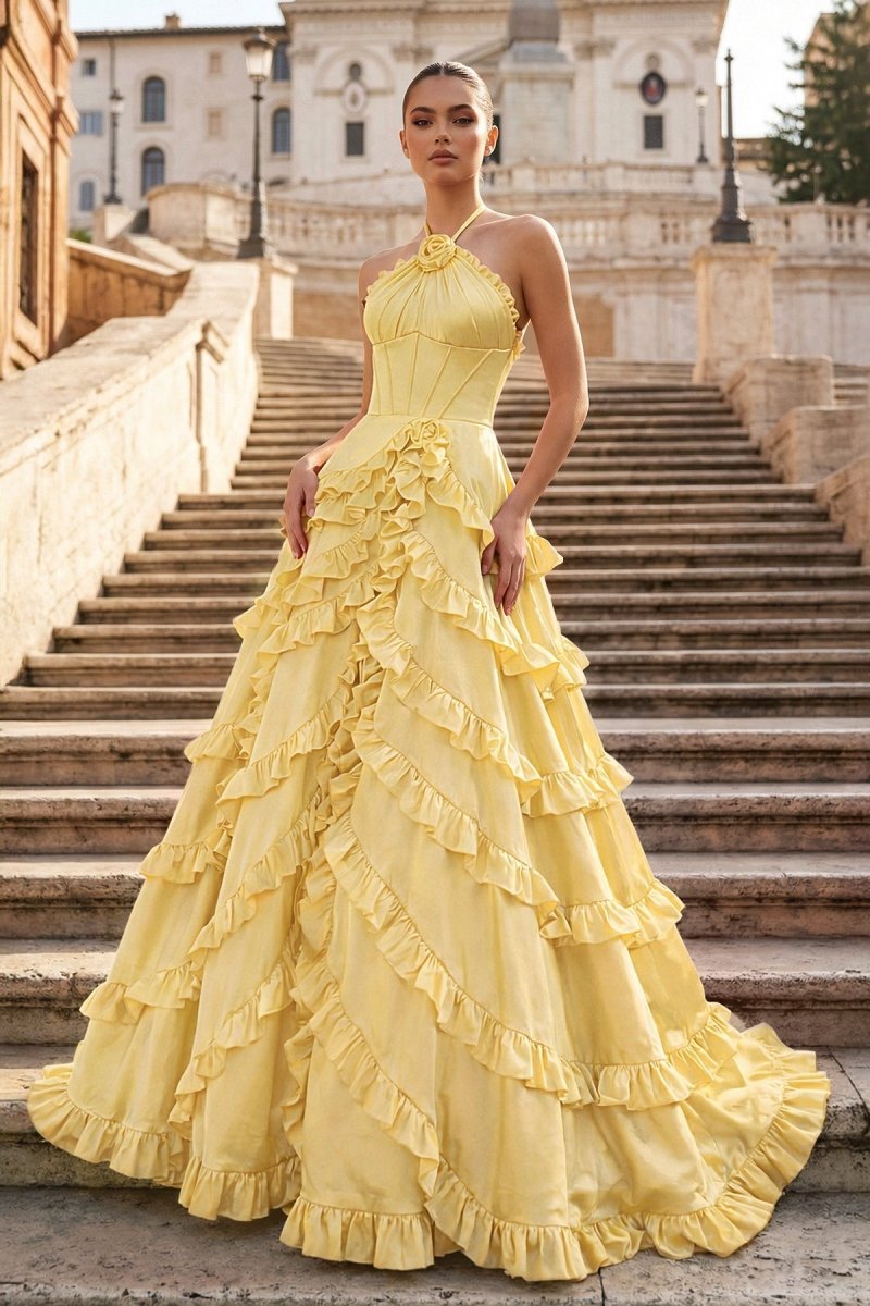 KissProm Fuchsia Halter Neck Tiered Ruffles Long Prom Dress, Yellow / 14