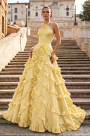 Fuchsia Halter Neck Tiered Ruffles Long Prom Dress - KissProm