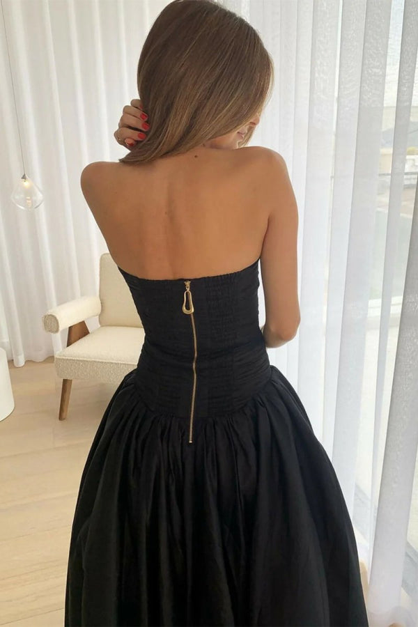 Marvane | Black - Strapless A Line Satin Pleated Prom Dresses With Slit - KissProm