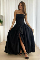 Marvane | Black - Strapless A Line Satin Pleated Prom Dresses With Slit - KissProm