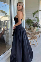 Marvane | Black - Strapless A Line Satin Pleated Prom Dresses With Slit - KissProm