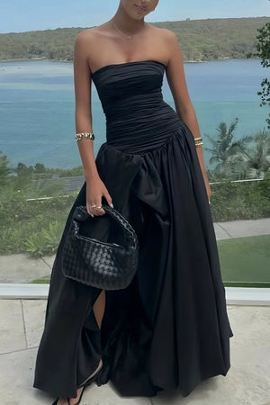Marvane | Black - Strapless A Line Satin Pleated Prom Dresses With Slit - KissProm