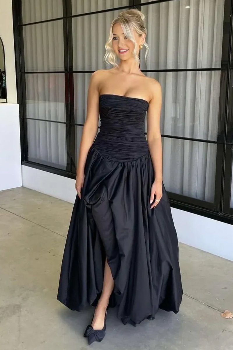 Marvane | Black - Strapless A Line Satin Pleated Prom Dresses With Slit - KissProm
