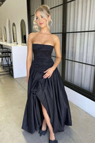 Marvane | Black - Strapless A Line Satin Pleated Prom Dresses With Slit - KissProm