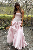 Marvane | Pink - Strapless A Line Satin Pleated Prom Dresses With Slit - KissProm