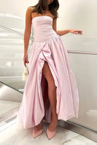 Marvane | Pink - Strapless A Line Satin Pleated Prom Dresses With Slit - KissProm