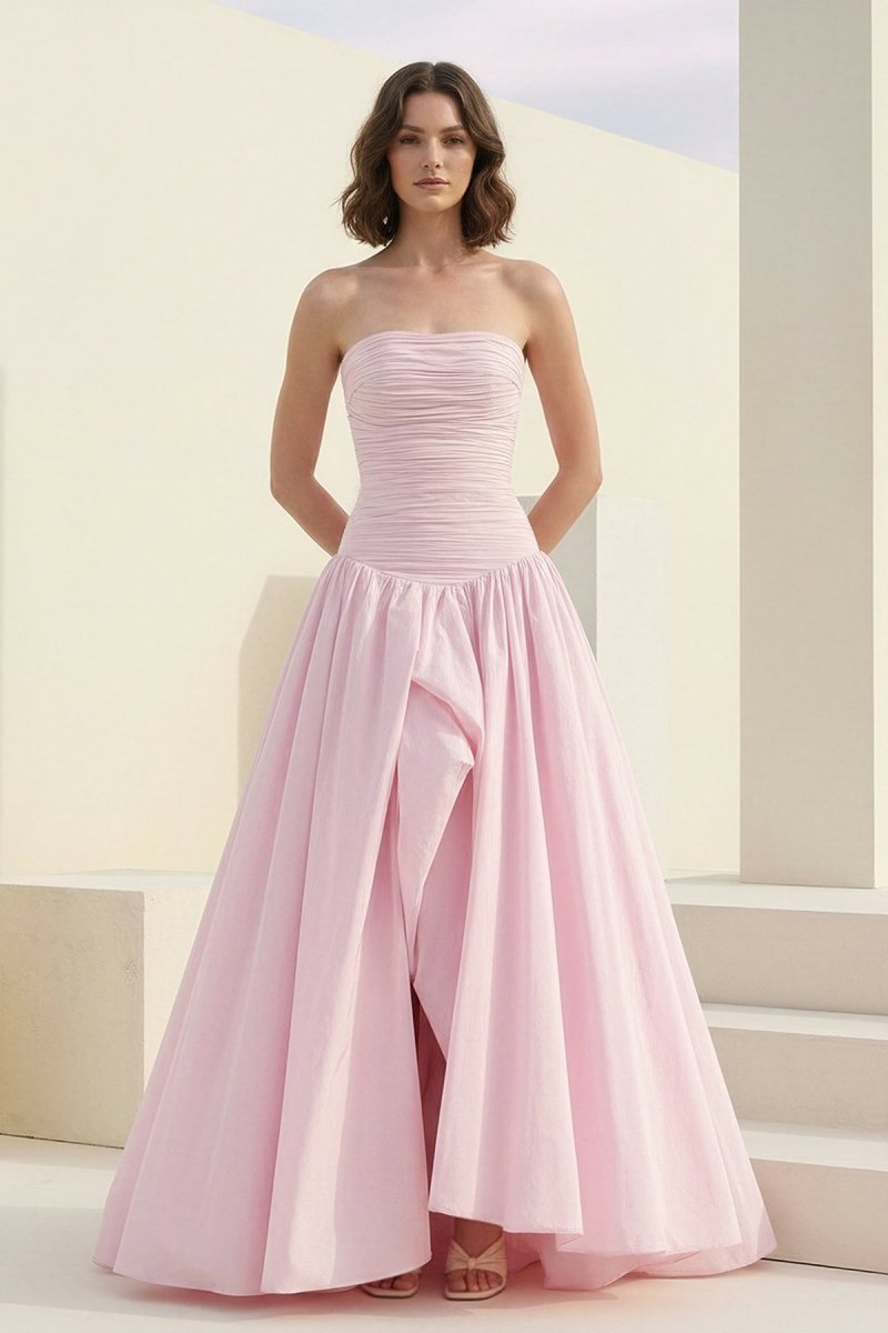 Marvane | Pink - Strapless A Line Satin Pleated Prom Dresses With Slit - KissProm