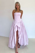 Marvane | Pink - Strapless A Line Satin Pleated Prom Dresses With Slit - KissProm
