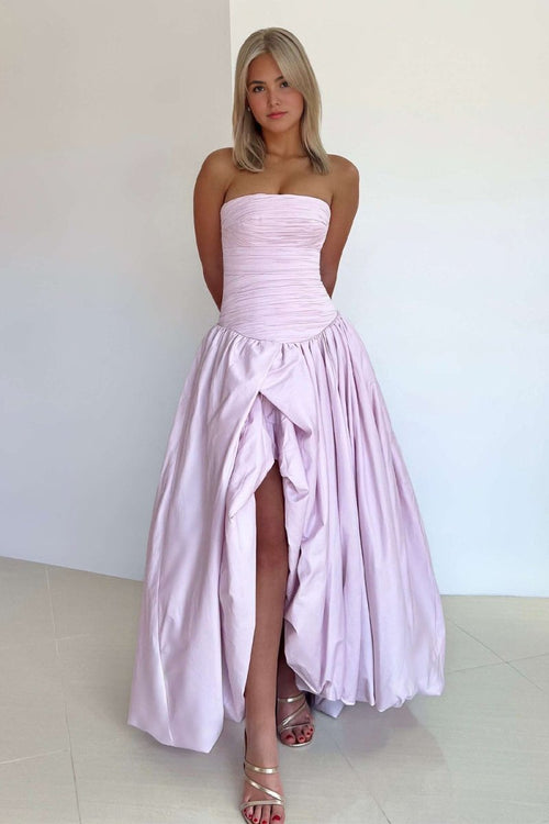 Marvane | Pink - Strapless A Line Satin Pleated Prom Dresses With Slit - KissProm