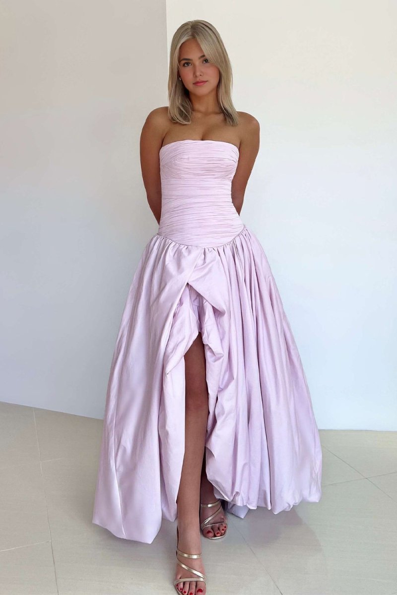 Marvane | Pink - Strapless A Line Satin Pleated Prom Dresses With Slit - KissProm