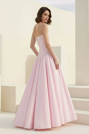 Marvane | Pink - Strapless A Line Satin Pleated Prom Dresses With Slit - KissProm