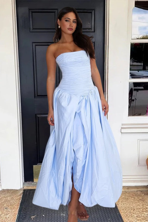 Marvane | Sky Blue - Strapless A Line Satin Pleated Prom Dresses With Slit - KissProm