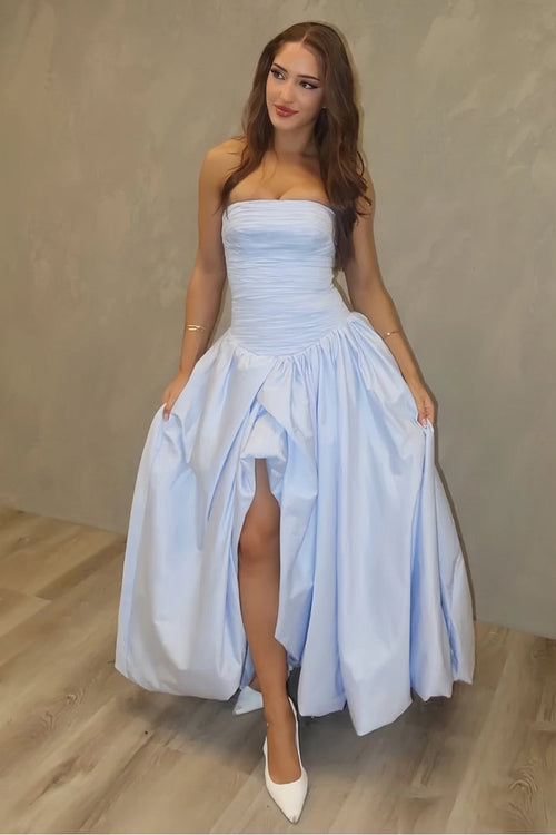 Marvane | Sky Blue - Strapless A Line Satin Pleated Prom Dresses With Slit - KissProm