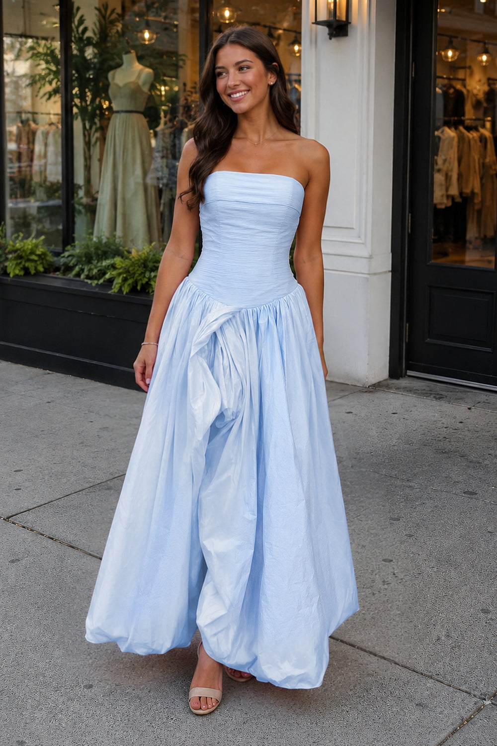 Marvane | Sky Blue - Strapless A Line Satin Pleated Prom Dresses With Slit - KissProm