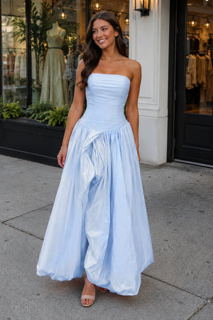 Marvane | Sky Blue - Strapless A Line Satin Pleated Prom Dresses With Slit - KissProm