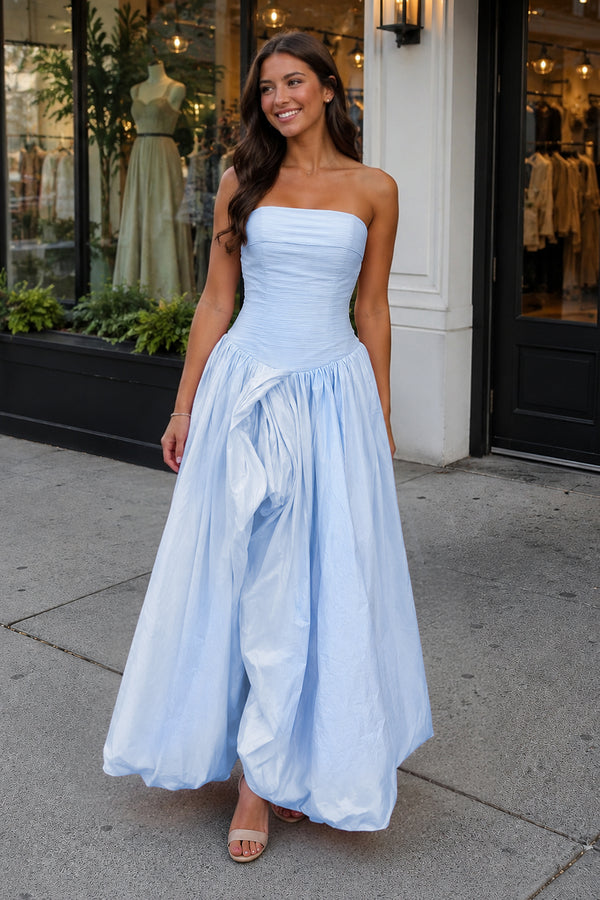 Marvane | Sky Blue - Strapless A Line Satin Pleated Prom Dresses With Slit - KissProm