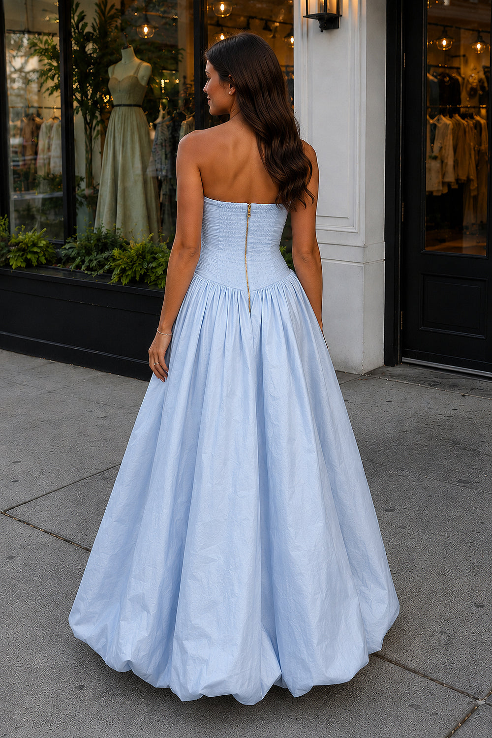 Marvane | Sky Blue - Strapless A Line Satin Pleated Prom Dresses With Slit - KissProm
