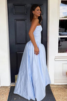 Marvane | Sky Blue - Strapless A Line Satin Pleated Prom Dresses With Slit - KissProm