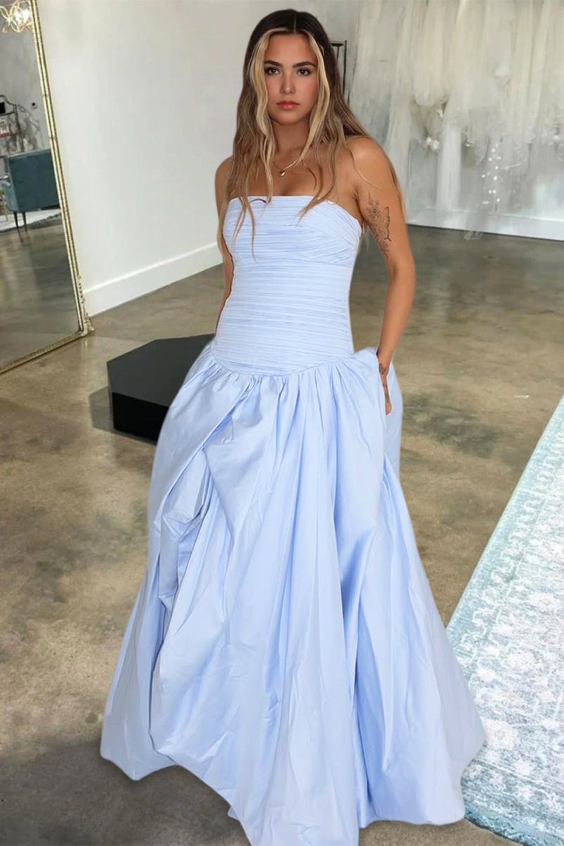 Marvane | Sky Blue - Strapless A Line Satin Pleated Prom Dresses With Slit - KissProm
