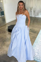 Marvane | Sky Blue - Strapless A Line Satin Pleated Prom Dresses With Slit - KissProm