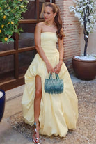 Marvane | Yellow - Strapless A Line Satin Pleated Prom Dresses With Slit - KissProm