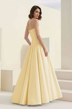 Marvane | Yellow- Strapless A Line Satin Pleated Prom Dresses With Slit - KissProm