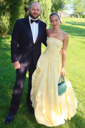 Marvane | Yellow - Strapless A Line Satin Pleated Prom Dresses With Slit - KissProm