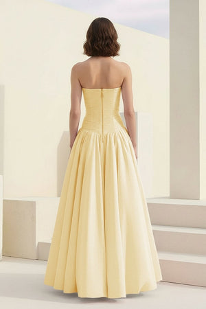 Marvane | Yellow- Strapless A Line Satin Pleated Prom Dresses With Slit - KissProm