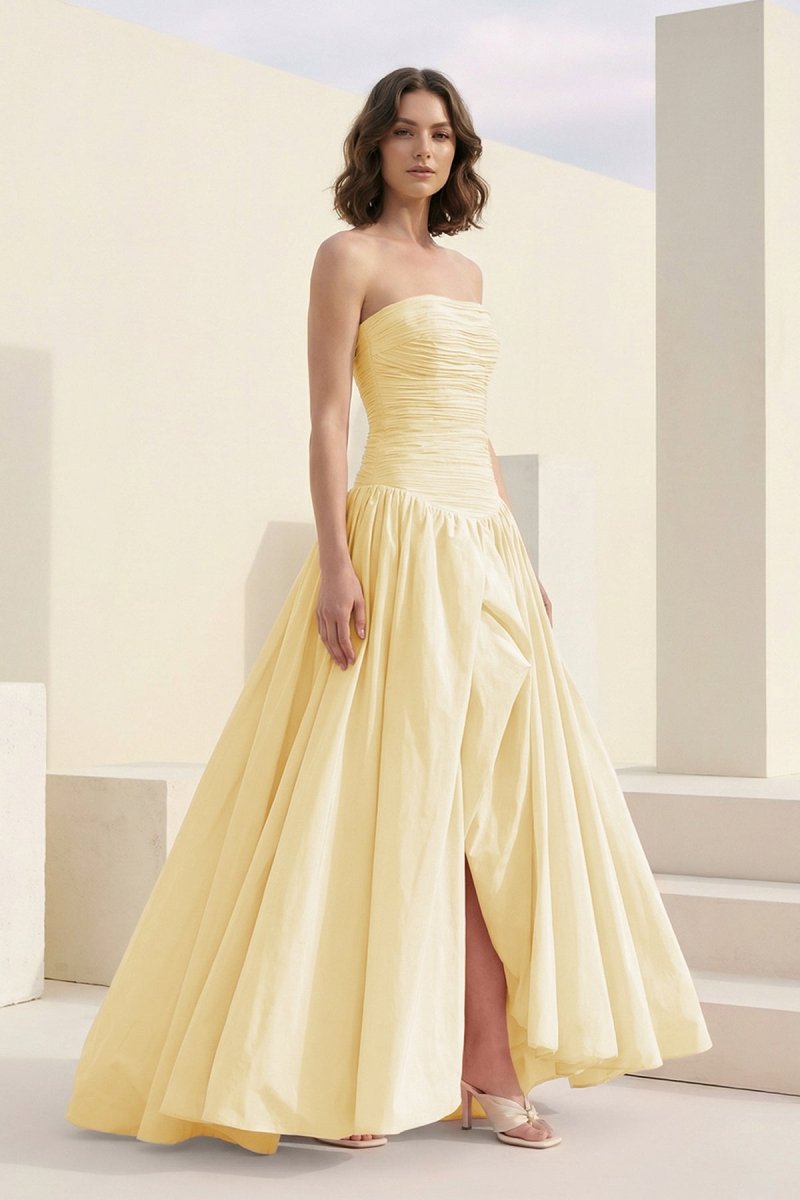 Marvane | Yellow- Strapless A Line Satin Pleated Prom Dresses With Slit - KissProm