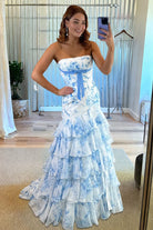 Marvely | Blue - Sheath Strapless Chiffon Ruffled Prom Dresses With Bow - KissProm