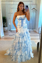 Marvely | Blue - Sheath Strapless Chiffon Ruffled Prom Dresses With Bow - KissProm