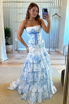 Marvely | Blue - Sheath Strapless Chiffon Ruffled Prom Dresses With Bow - KissProm