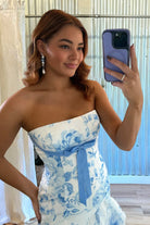 Marvely | Blue - Sheath Strapless Chiffon Ruffled Prom Dresses With Bow - KissProm