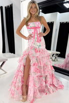 Marvely | Blue - Sheath Strapless Chiffon Ruffled Prom Dresses With Bow - KissProm