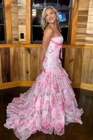 Marvely | Blue - Sheath Strapless Chiffon Ruffled Prom Dresses With Bow - KissProm