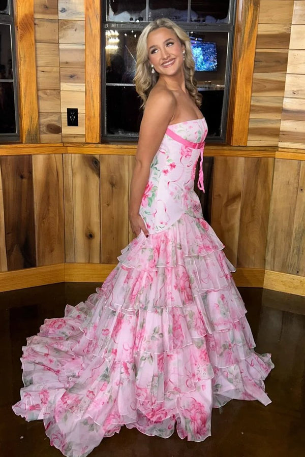 Marvely | Blue - Sheath Strapless Chiffon Ruffled Prom Dresses With Bow - KissProm