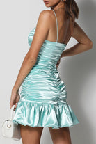 Marzanna | Aqua - Spaghetti Straps Pleated Satin Sleeveless Short Homecoming Dress