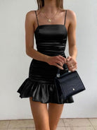 Marzanna | Black - Spaghetti Straps Pleated Satin Sleeveless Short Homecoming Dress - KissProm