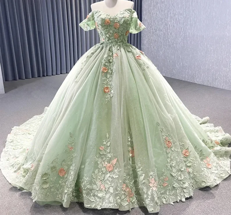 Light Green Off The Shoulder Lace Up Back Ball Gown Quinceanera Dress