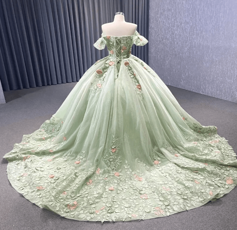 Sage Green Off The Shoulder Lace Up Back Ball Gown Quinceanera Dress